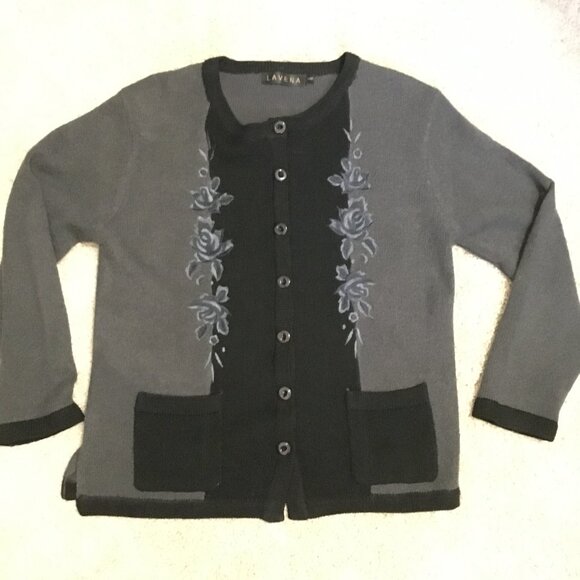 Lavena Black and Grey Embroidered Nubby Button Down Dark Cottage Cardigan - Picture 11 of 15